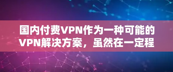 国内付费VPN作为一种可能的VPN解决方案，虽然在一定程度上满足了部分用户的需求，但也面临诸多问题和挑战。以下是对这一问题的分步解释和综合分析